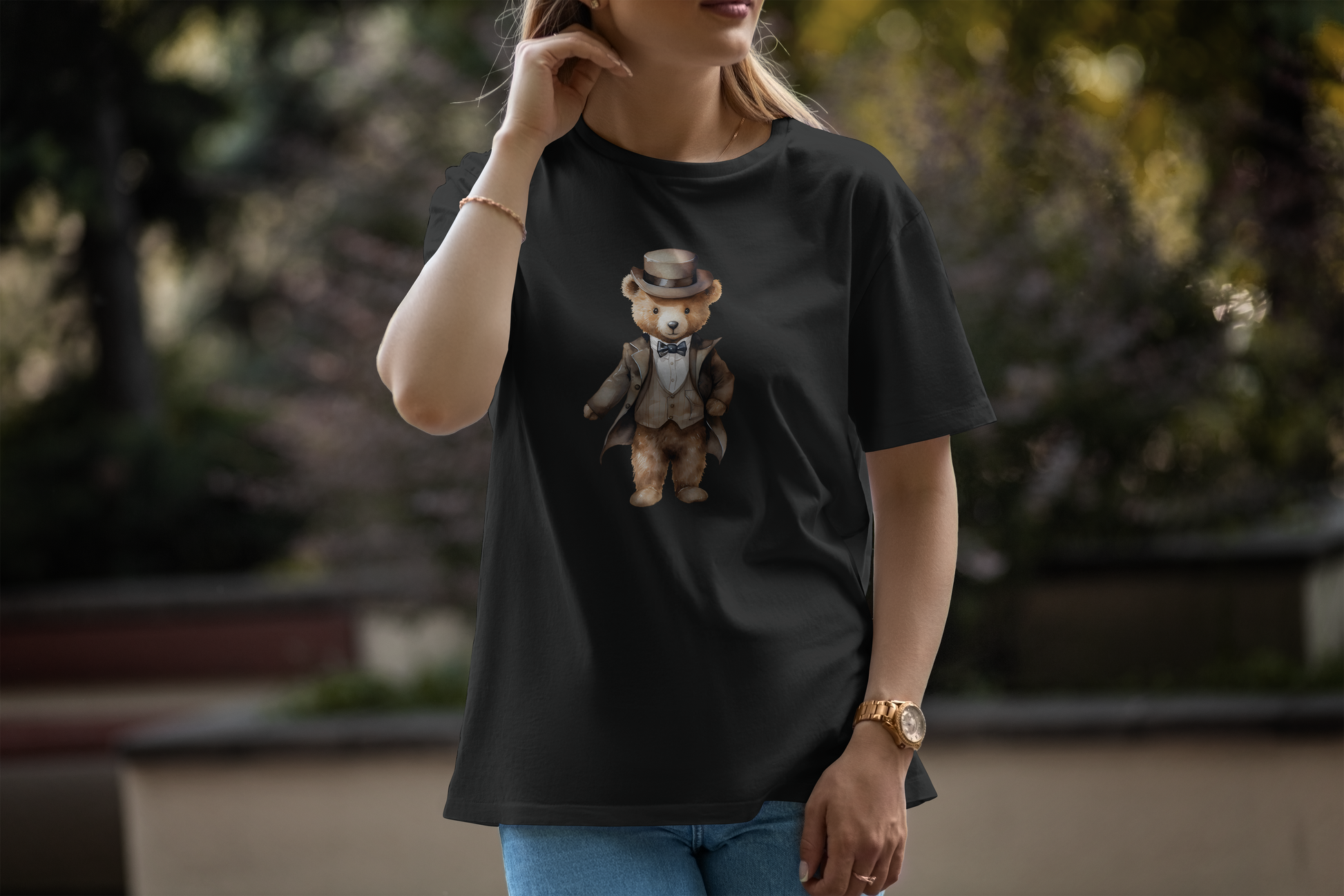 Comfort Fit Black T-Shirt with Bear Print