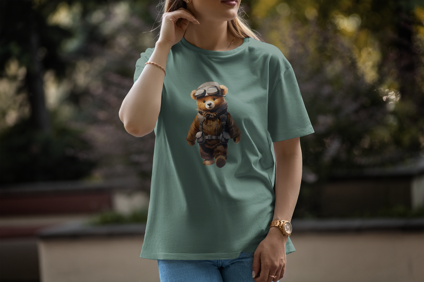 Comfort Fit Green T-Shirt with Bear Print